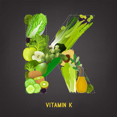 Fresh greens, vegeetables and fruits highest in vitamin K composing K letter shape. Nutrition and healthy eating concept. Beautiful vector illustration isolated on a dark grey background.のイラスト素材
