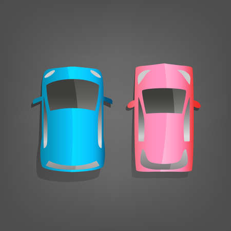 Small blue and pink cars isolated on a dark grey background. car top view.Vector illustration in a flat style.のイラスト素材