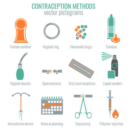 Contraception methods image. Female and male contraceptive icons.のイラスト素材