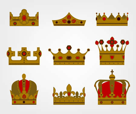 The crown of the medieval king. Beautiful set of vector illustrations in red, bronze and black colours isolated on a light background. Flat icon concept. Royal collection.のイラスト素材