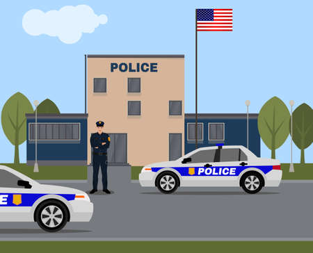 City police station building. Vector illustration with policeman and patrol car in flat style isolated on urban landscape background. Safety and justice concept.の写真素材