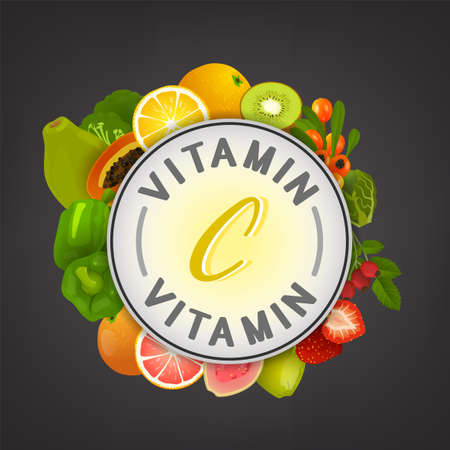 VitaminC banner. Beautiful vector illustration with caption lettering and top foods highest in vitamin C isolated on a dark grey background. Useful for leaflet, brochure or poster design as a header or other graphic element. のイラスト素材