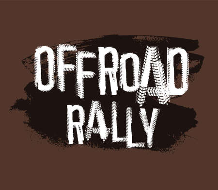Off-Road rally hand drawn grunge lettering. Tire tracks words made from unique letters. Beautiful vector illustration. Editable graphic element in white and brown colours.のイラスト素材