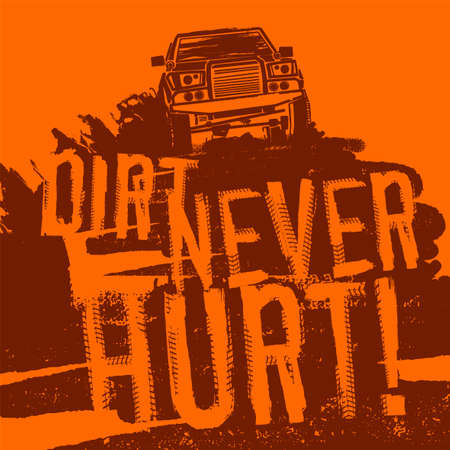 Off-Road hand drawn grunge lettering with a car image. Tire tracks words made from unique letters. Beautiful vector illustration. Editable graphic element in orange colours.のイラスト素材