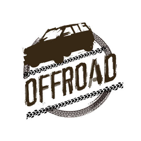 Off-road logo. Extreme competition emblem. Off-roading suv adventure and car club elements. Beautiful vector illustration with unique textured lettering isolated on a white background.のイラスト素材