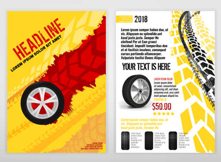 Vector automotiveleaflet template. Grunge tire tracks backgrounds for landscape poster, digital banner, flyer, booklet, brochure and web design. Editable graphic image in red, yellow and white colorsのイラスト素材