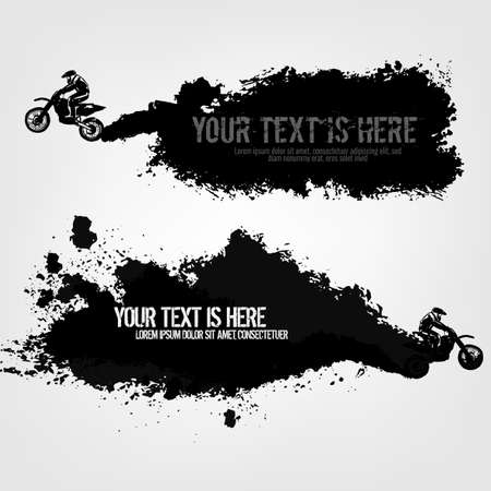 Vector automotive banners template. Grunge tire tracks backgrounds for landscape poster, digital banner, flyer, booklet, brochure and web design. Editable graphic image in grey and white colorsのイラスト素材