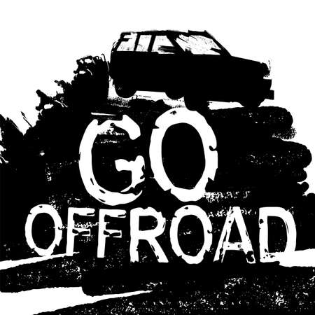 Go offroad lettering. Stamp words made from unique letters. Vertical vector illustration useful for poster, print and apparel design. Editable graphic element in white and black colours.のイラスト素材