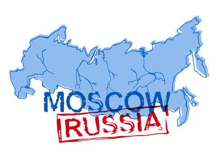 Russian Federation map with vintage lettering stamp. Retro style handmade image in red and blue colors for travel souvenirs, T-shirt and postcard design. Vector illustration.のイラスト素材