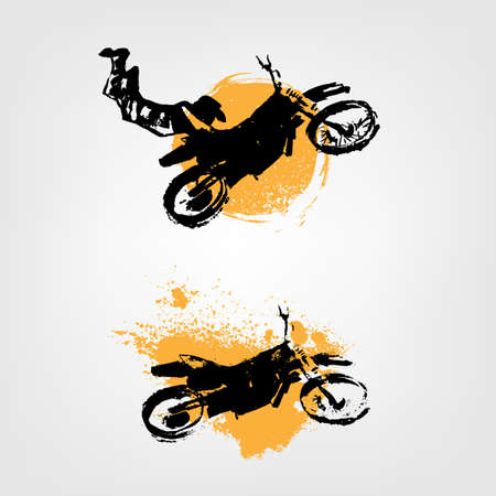 Automotive vector illustration. Grunge splash element with hand drawn motorcycle for poster, digital banner, leaflet and web design. Editable graphic image in black and yellow colors.のイラスト素材