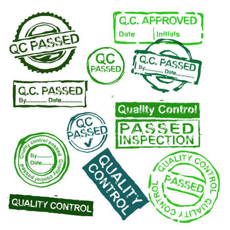 Quality control stamps in different shapes, vector illustration in green colors isolated on a white background.のイラスト素材
