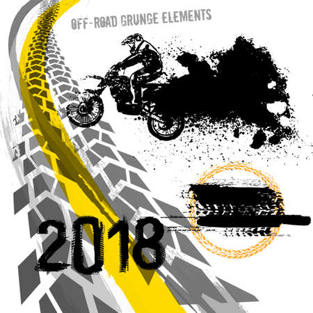 Off-road motorcycle elements useful for rally, race poster, placard, print, leaflet design.のイラスト素材