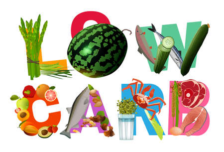 Low carbohydrate diet poster heading. Unique lettering in bright colors Colourful vector illustration isolated on a white background. Healthy eating concept.のイラスト素材