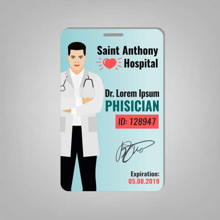 Doctors ID card with hospital logo and phisician image. Medical specialist badge template for medicine, emergency and healthcare industry. Vector illustration isolated on a light grey background.のイラスト素材