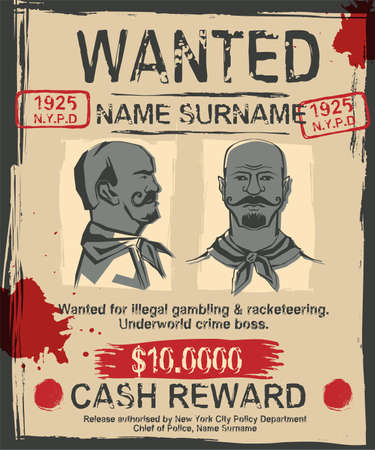Vintage wanted poster with hand drawn grunge lettering. Stamp words made from unique letters. Beautiful vector illustration. Editable graphic element in beige, red and grey colors.のイラスト素材