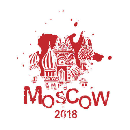 Moscow image with Saint Basil s Cathedral. Vector hand drawn typography illustration. Russian decorative background in black and white color. Useful for travel souvenir, postcard, T-shirt design.のイラスト素材