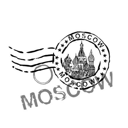 Moscow stamp image with Saint Basil s Cathedral. Vector hand drawn travelling illustration. Grunge decorative background in monochrome colors. Useful for travel souvenir, postcard, envelope design.のイラスト素材