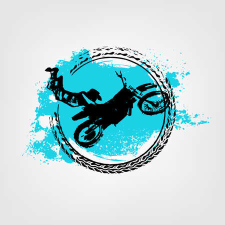 Vector automotive element template. Grunge tire tracks background with hand drawn motorcycle for poster, digital banner, logotype, leaflet and web design. Graphic image in black and blue colors.のイラスト素材