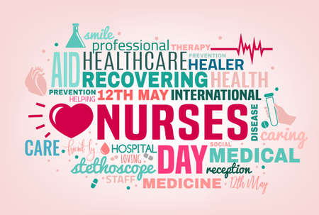 International nurse day cloud of tags concept. Vector illustration in pink, green and grey colors isolated on a light background. Medical and healthcare concept.のイラスト素材