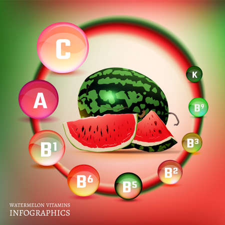 Watermelon vitamin infographic. Vector illustration with useful nutrition facts.Vitamin A, Vitamin C, thiamine, retinol and pyridoxin.のイラスト素材