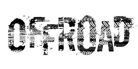 Off-Road grunge tyre lettering. Stamp tire word made from unique letters. Vector illustration useful for poster, print and leaflet design. Editable graphic element in grey colours.のイラスト素材