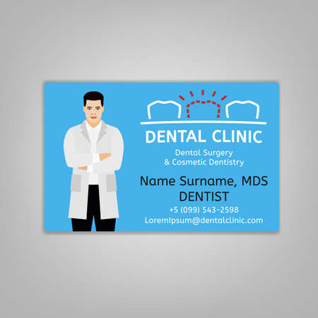 Doctors ID card with dentist image. Medical specialist badge template for medicine, emergency and healthcare industry.  Vector illustration isolated on a light grey background.のイラスト素材