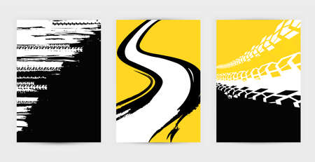 Vector auto posters template. Grunge tire tracks backgrounds for portrait  poster, digital banner, flyer, booklet, brochure and web design. Editable graphic image in black, yellow, red, white colorsのイラスト素材