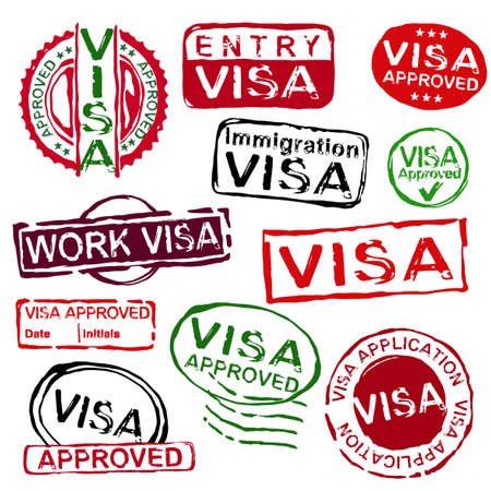 Grunge rubber visa stamps. Vector illustration in bright colours isolated on a white background.のイラスト素材