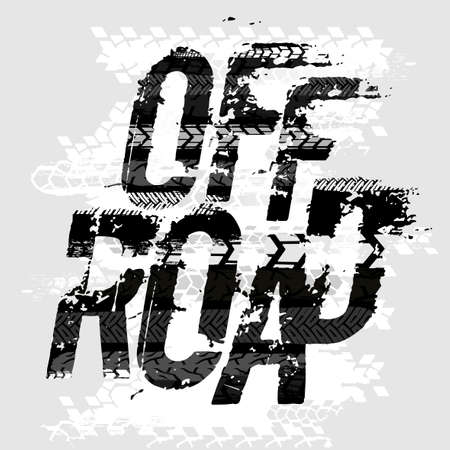 Off-Road grunge tire lettering. Stamp tire word made from unique letters. Vector illustration useful for poster, print and leaflet design. Editable graphic element in gray colors.のイラスト素材