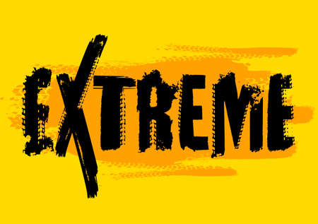 Off-Road extreme hand drawn grunge lettering on a textured background. Tire tracks words made from unique letters. Beautiful vector illustration. Editable graphic element in yellow and black colours.のイラスト素材