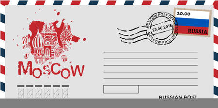 Letter from Moscow. Retro envelope with stamps and Moscow Saint Basil Cathedral image.のイラスト素材
