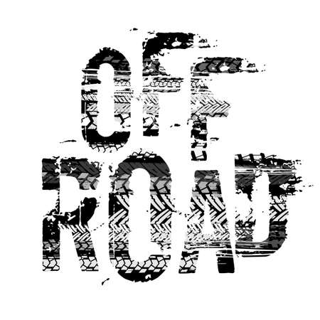 Off-Road grunge tyre lettering. Stamp tire word made from unique letters. Vector illustration useful for poster, print and leaflet design. Editable graphic element in grey colours.のイラスト素材