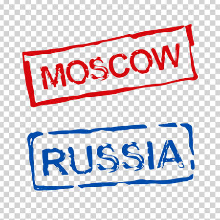 Russia and Moscow watermark stamps. Grunge lettering inside rectangles. Rubber seal stamp with aged texture. Vector illustration isolated on a transparent background.のイラスト素材