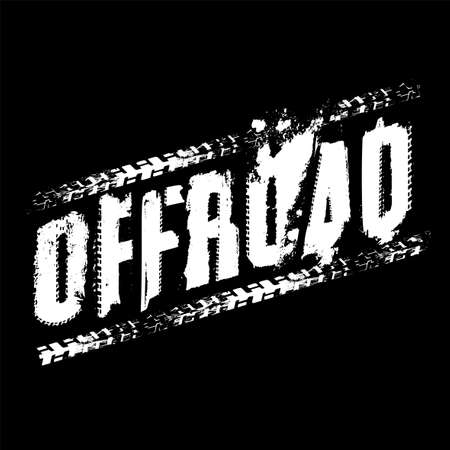 Off-Road grunge tyre lettering. Tire tracks imprints word made from unique letters.  Vector illustration useful for poster, print, leaflet design. Editable graphic element in white color isolated on a black background.のイラスト素材