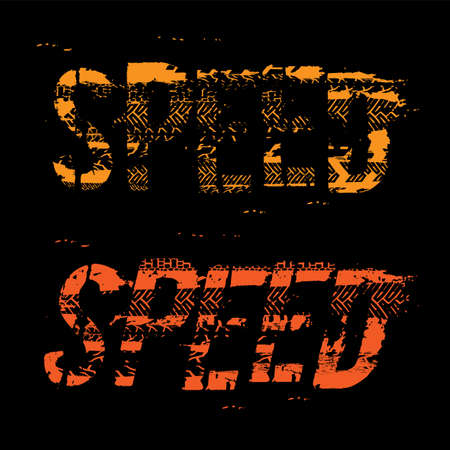 Off-Road SPEED hand drawn grunge lettering on a black background. Tire tracks words made from unique letters. Beautiful vector illustration. Editable graphic element in orange and yellow colours.のイラスト素材