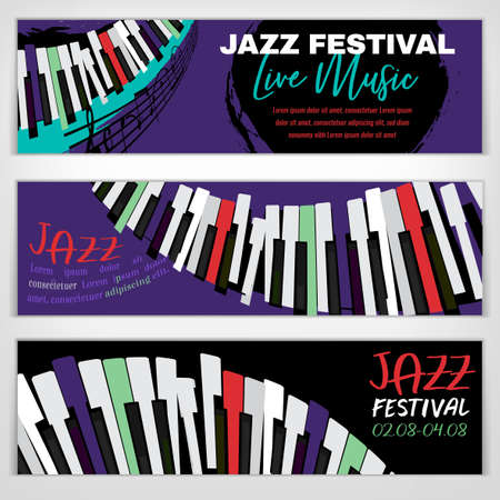 Jazz festival banners with a piano keyboard in bright colors. Editable vector illustration. Horizontal image in a modern style useful for musical concert or festival poster design.のイラスト素材