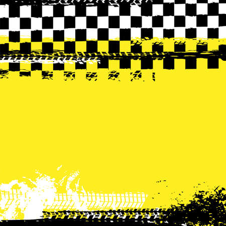 Grunge checkered racing background with tire imprints elements. Vector illustration and yellow, black and white colors. Automotive rallying concept in modern style.のイラスト素材