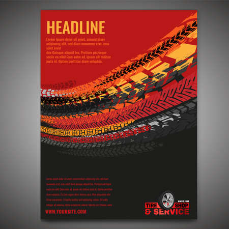 Vector automotive banner template. Grunge tire tracks background for landscape poster, digital banner, flyer, booklet, brochure and web design. Editable graphic image in grey and red colorsのイラスト素材