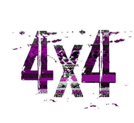 Off-Road grunge 4x4 lettering. Stamp tire word made from unique letters.  Vector illustration useful for poster, print and leaflet design. Editable graphic element in grey, black and violet colours.のイラスト素材