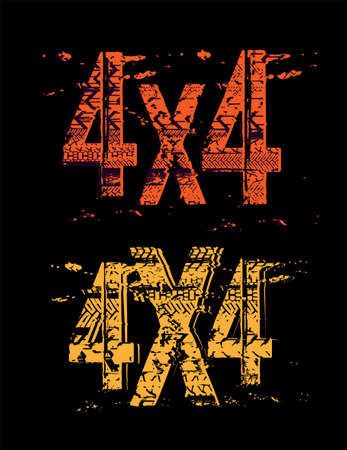 Off-Road grunge 4x4 lettering. Stamp tire word made from unique letters. Vector illustration useful for poster, print and leaflet design. Editable graphic element in yellow and orange colours.のイラスト素材