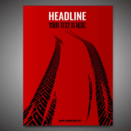 Vector automotive banner template. Grunge tire tracks background for vertical poster, digital banner, flyer, booklet, brochure and web design. Editable graphic image in black and red colorsのイラスト素材