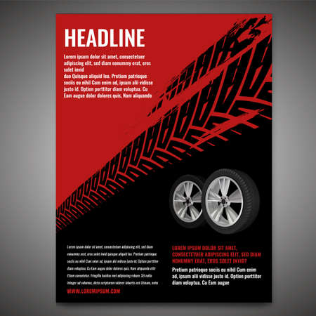Vector automotive banner template. Grunge tire tracks background for vertical poster, digital banner, flyer, booklet cover, brochure and web design. Editable graphic image in black and red colorsのイラスト素材