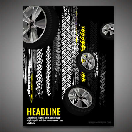 Vector automotive banner template. Grunge tire tracks background for vertical poster, flyer, booklet cover, brochure and web design. Editable graphic image in black, grey, white and yellow colorsのイラスト素材