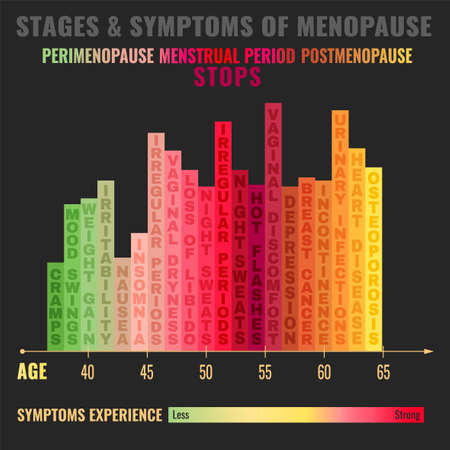 Stages and symptoms of menopause from the middle age to the age of sixty five years. Medical infographic useful for an educational poster graphic design. Beautiful vector illustration.のイラスト素材