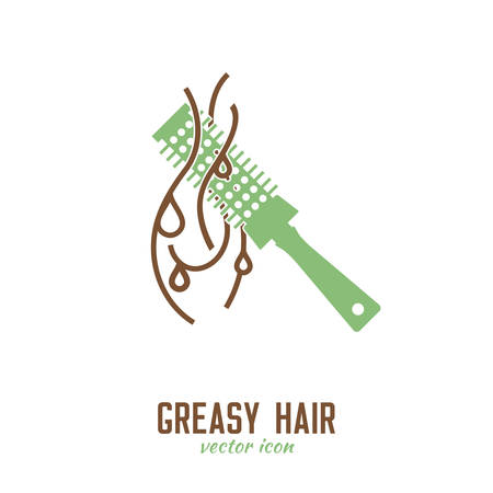 Greasy hair icon. Hair problems collection. Vector illustration in flat style isolated on a white background. Beauty, dermatology and health care concept in green and brown colors.のイラスト素材