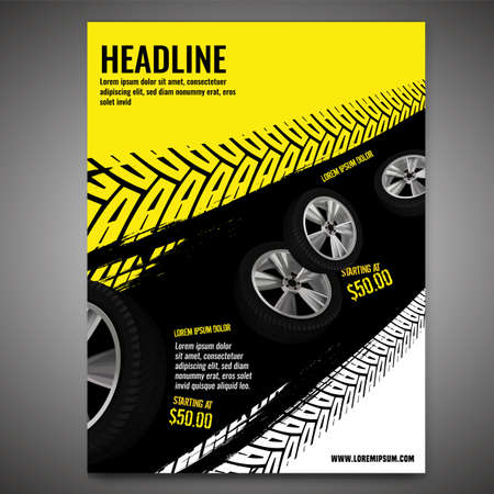Vector automotive banner template. Grunge tire tracks background for vertical poster, digital banner, flyer, booklet cover, brochure and web design. Editable graphic image in black and yellow colorsのイラスト素材