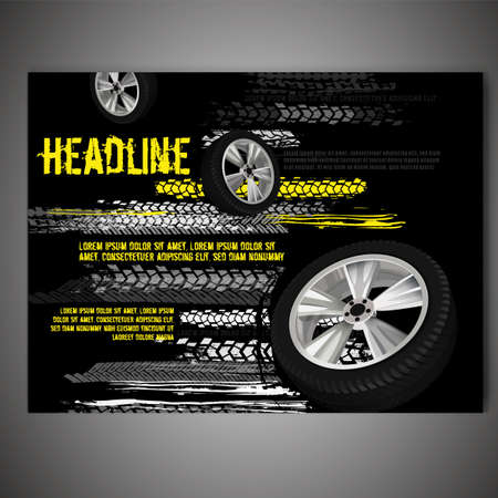 Vector automotive banner template. Grunge tire tracks background for landscape poster, flyer, booklet cover, brochure and web design. Editable graphic image in black, grey, white and yellow colorsのイラスト素材