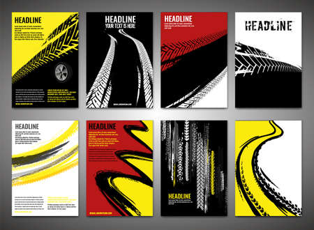 Vector automotive posters template. Grunge tire tracks backgrounds for vertical  poster, digital banner, flyer, booklet, brochure cover and web design. Editable graphic image in bright colorsのイラスト素材