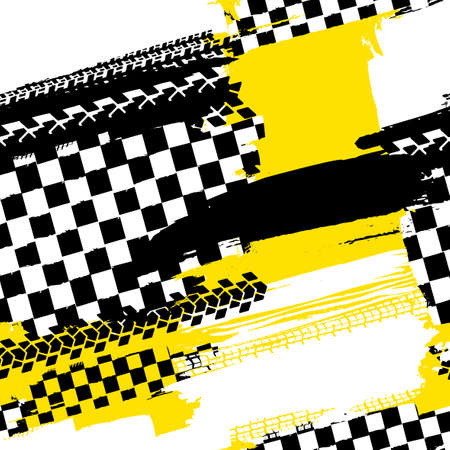 Motorcycle and motor tire tracks seamless pattern. Grunge automotive addon useful for poster, print, flyer, brochure and leaflet background design. Editable vector illustration in bright colors.のイラスト素材