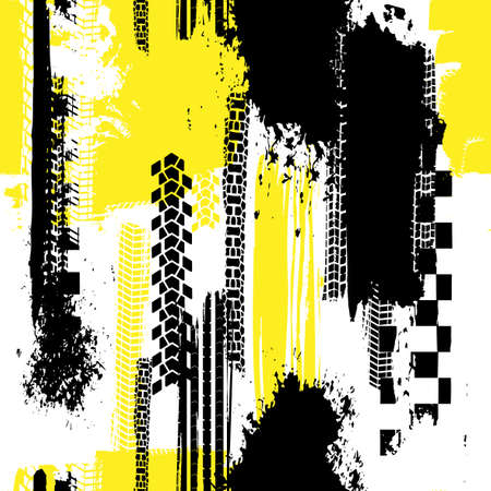 Motorcycle and motor tire tracks seamless pattern. Grunge automotive addon useful for poster, print, flyer, brochure and leaflet background design. Editable vector illustration in bright colors.のイラスト素材